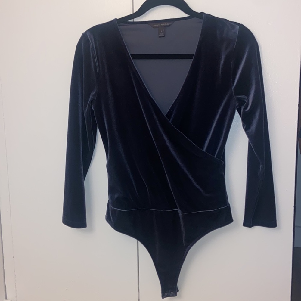 Banana republic velvet navy wrap body suit with snap closure
